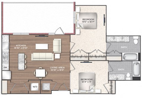 Floor plan for 2 beds, 2 baths, 1012 sqft